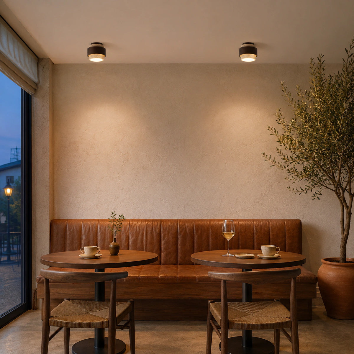 Cream travertine tiered ceiling light over the counter of a warm minimalist cafe