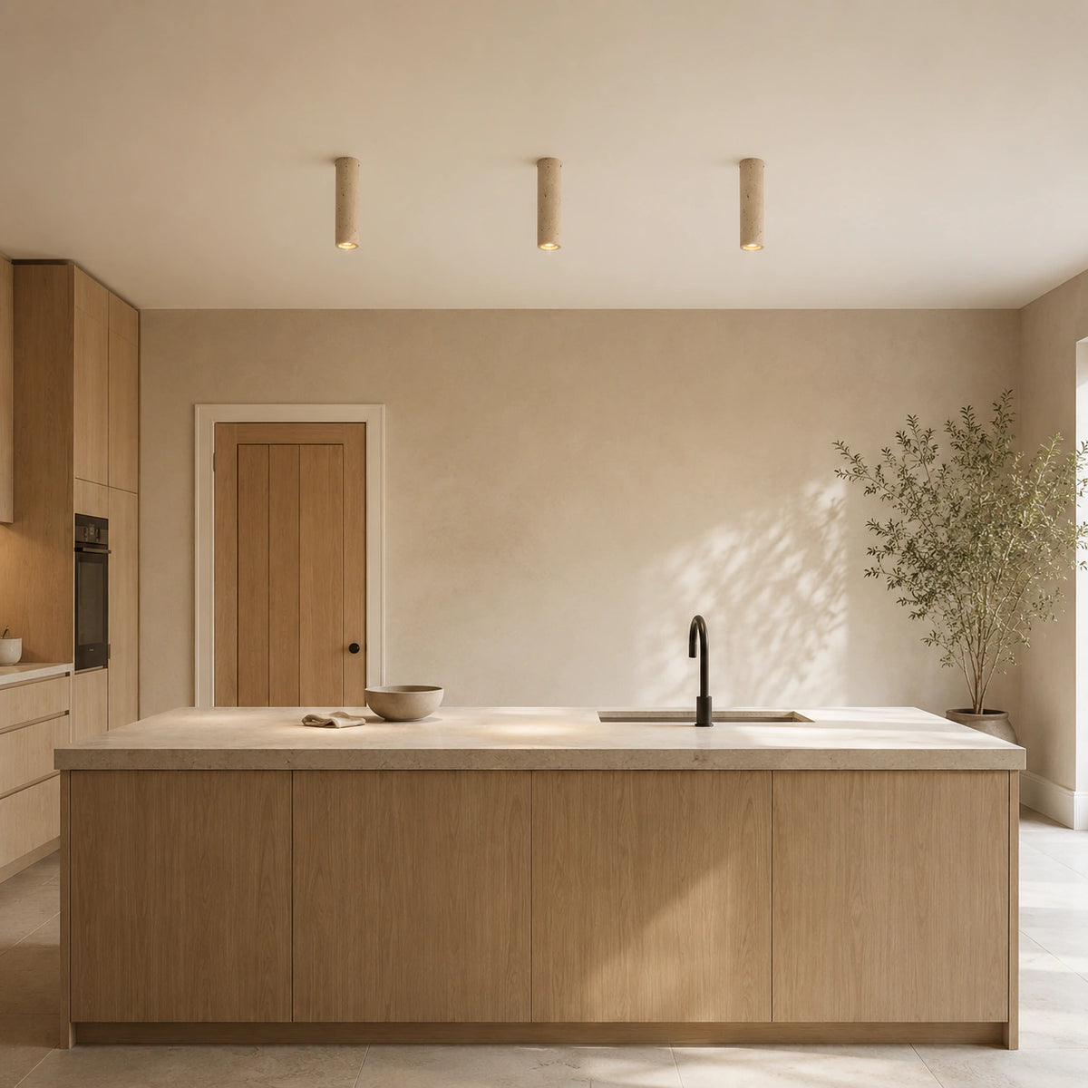Slim travertine tube downlight above an oak kitchen worktop