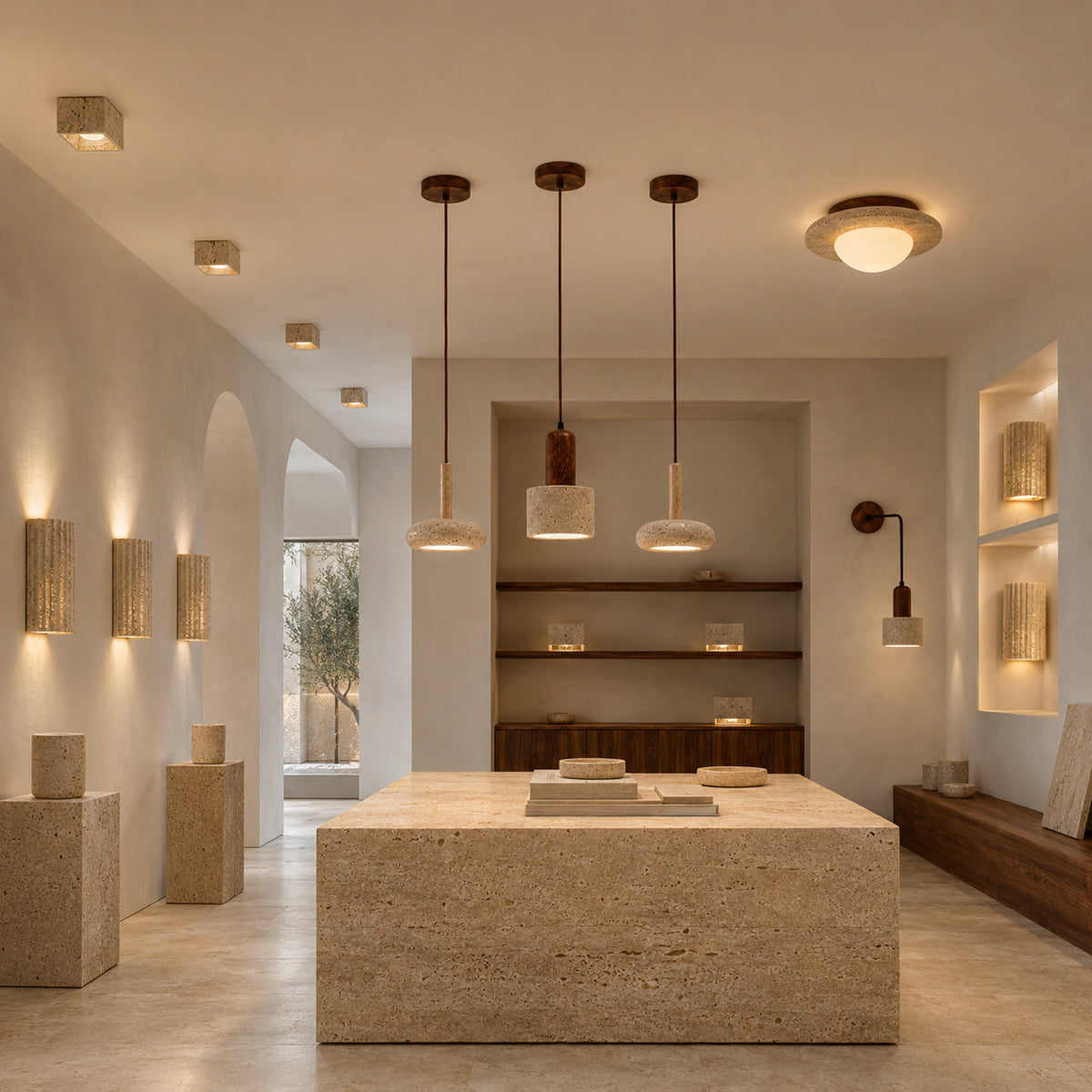 Travertina showroom displaying travertine wall, ceiling and pendant lights