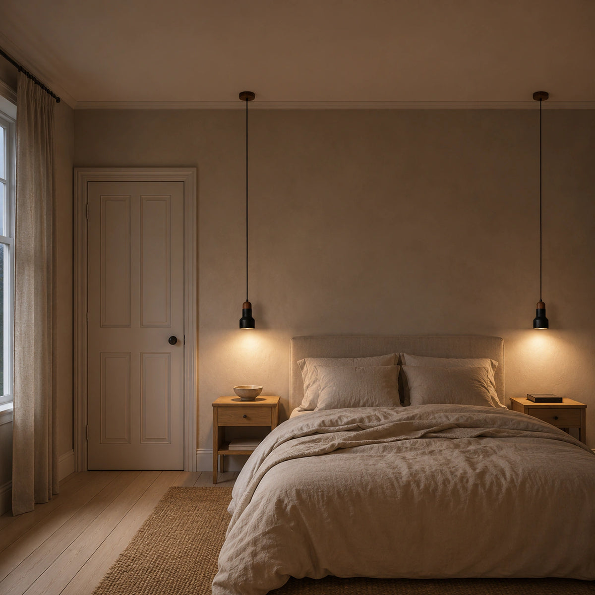 Ravensworth black travertine bell pendant hanging beside a bed in a warm, neutral bedroom