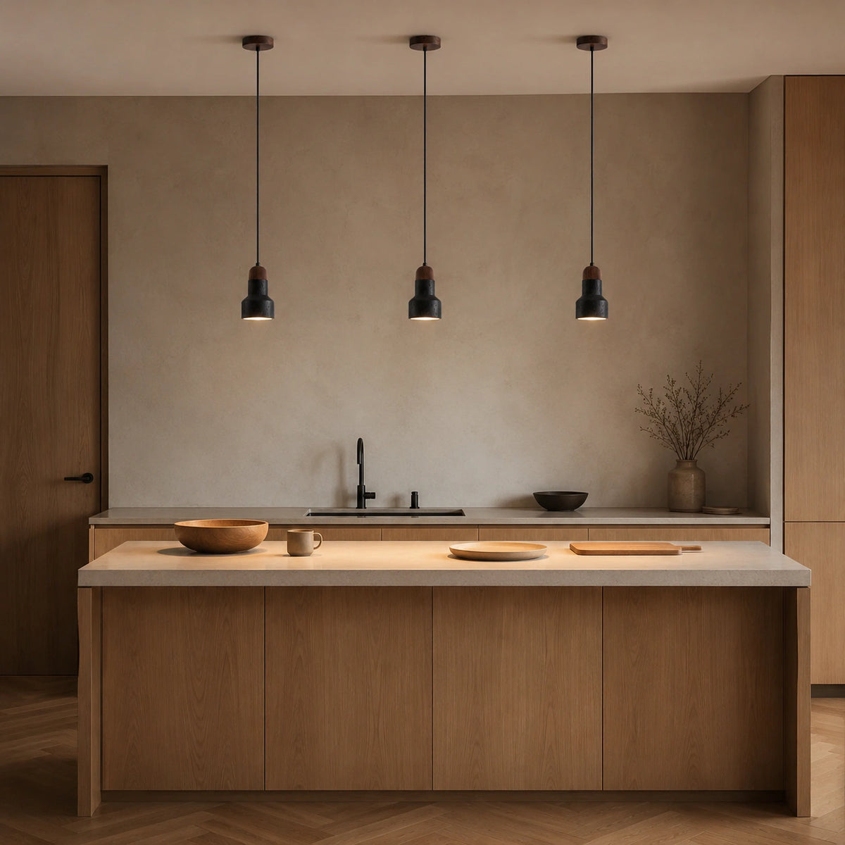 Ravensworth black travertine bell pendant hanging above a kitchen worktop