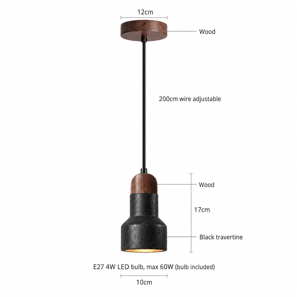 Dimensions of the Ravensworth black travertine bell pendant: 10 cm wide, 17 cm tall, 200 cm cable