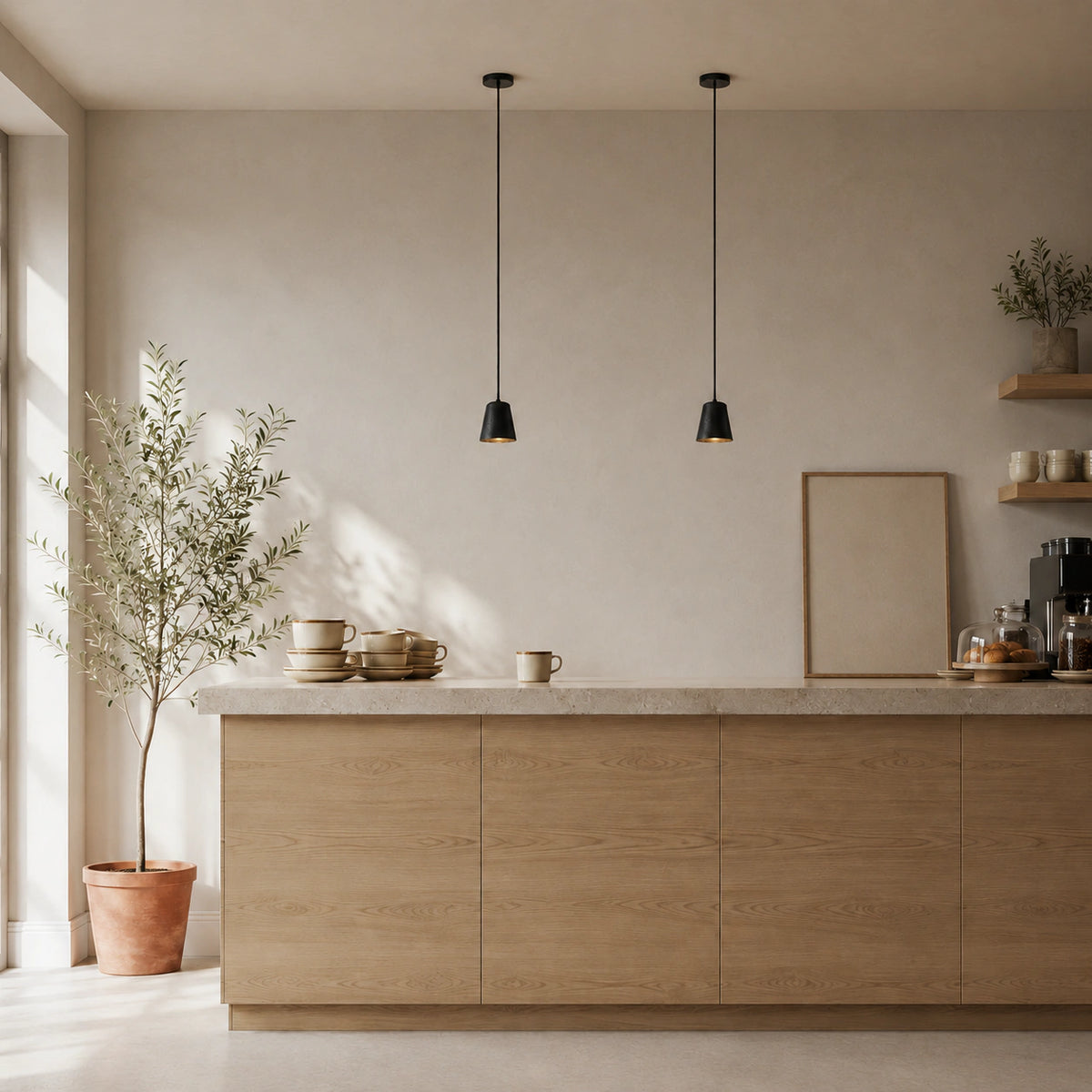 Ashby black travertine bell pendant hanging above a kitchen worktop