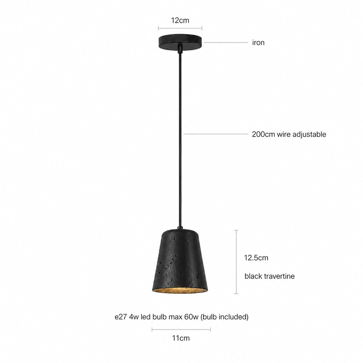 Dimensions of the Ashby black travertine bell pendant: 11 cm wide, 12.5 cm deep, 200 cm cable