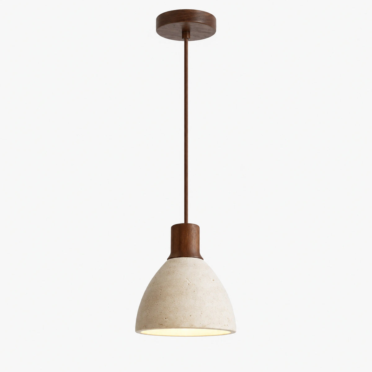 Travertine bell pendant light with a walnut neck on a white background