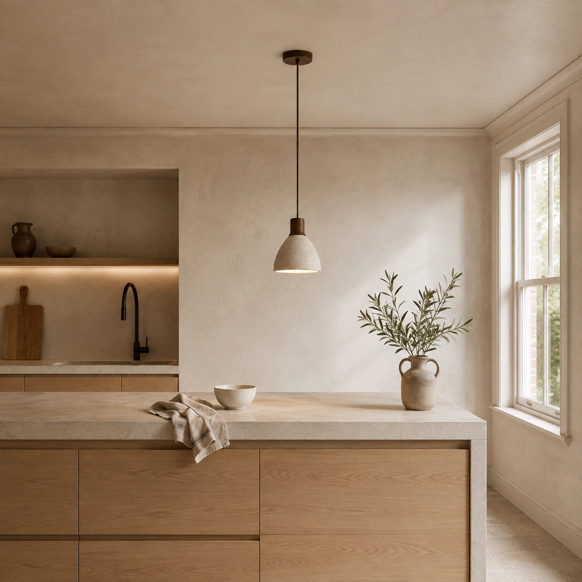 Wickham travertine bell pendant in walnut hanging above a kitchen island in a warm oak kitchen