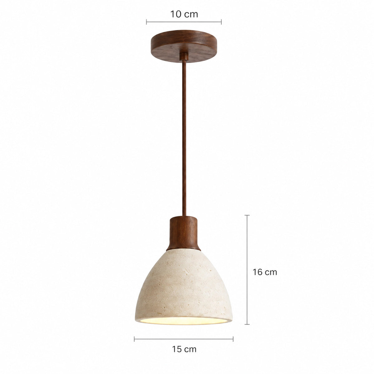 Dimensions of the Wickham travertine bell pendant in walnut: 15 cm wide, 16 cm high