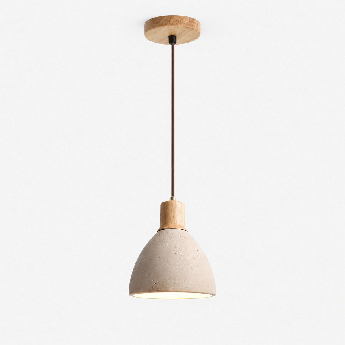 Travertine bell pendant light with an oak neck on a white background
