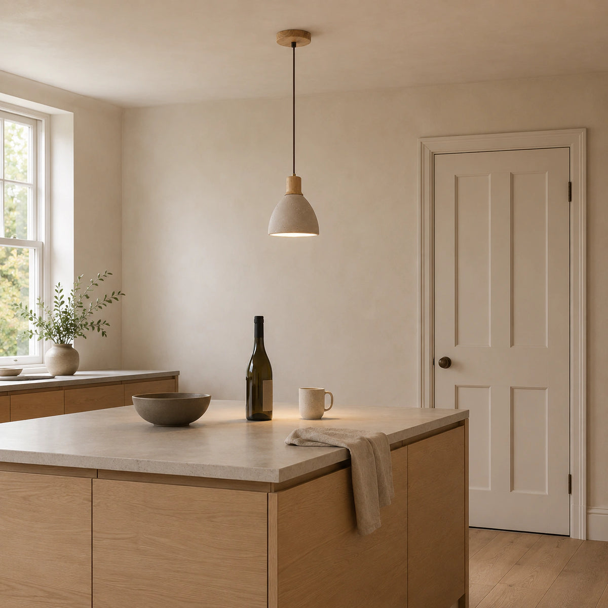 Wickham travertine bell pendant in oak hanging above a kitchen island in a warm oak kitchen