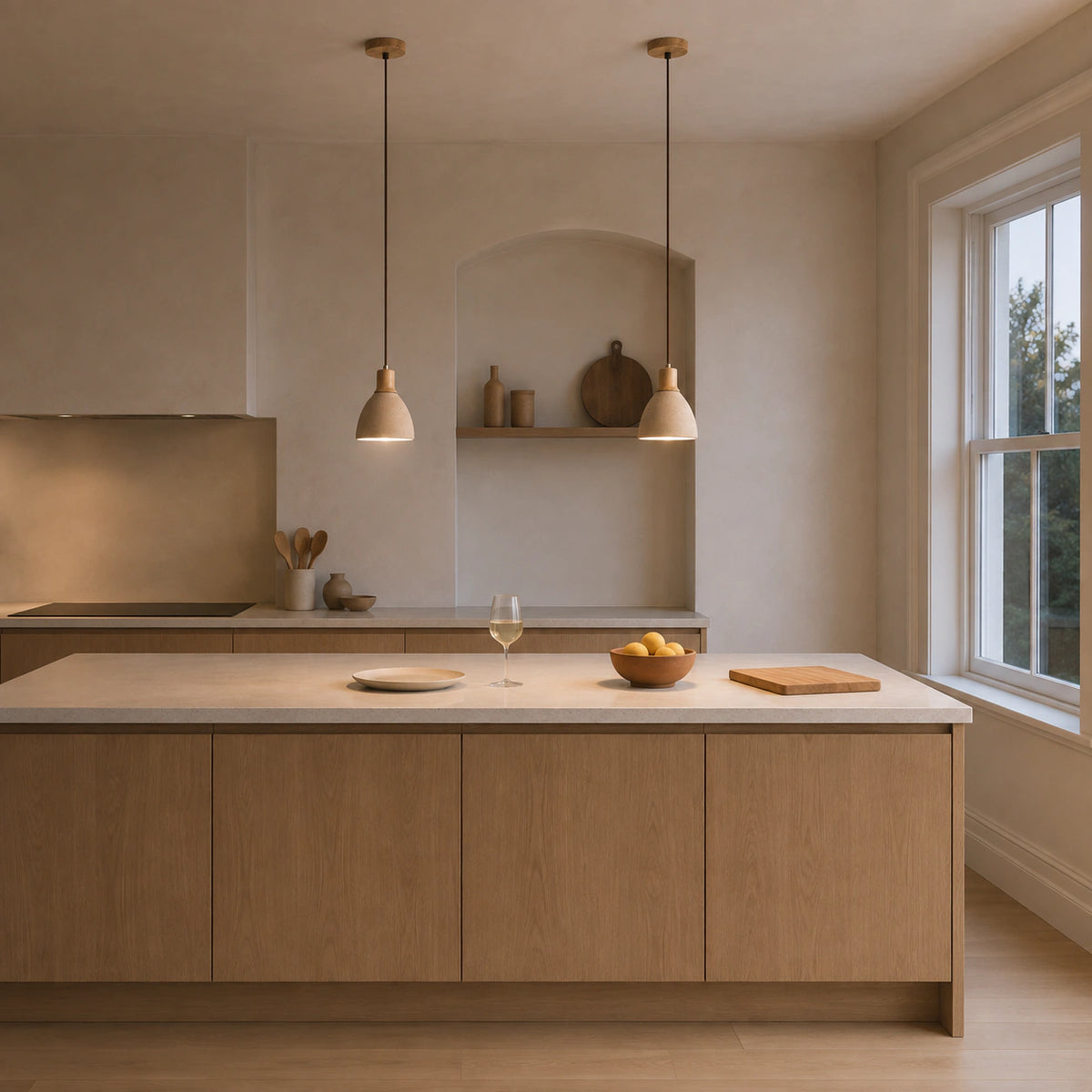 Wickham travertine bell pendant in oak lit above a kitchen worktop