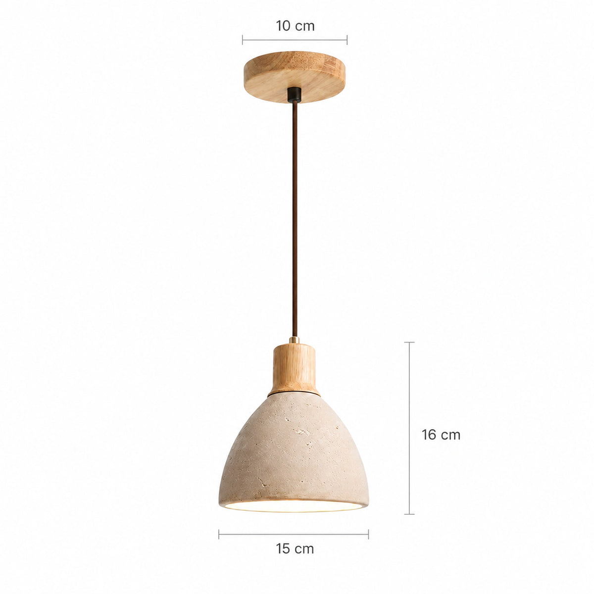 Dimensions of the Wickham travertine bell pendant in oak: 15 cm wide, 16 cm high