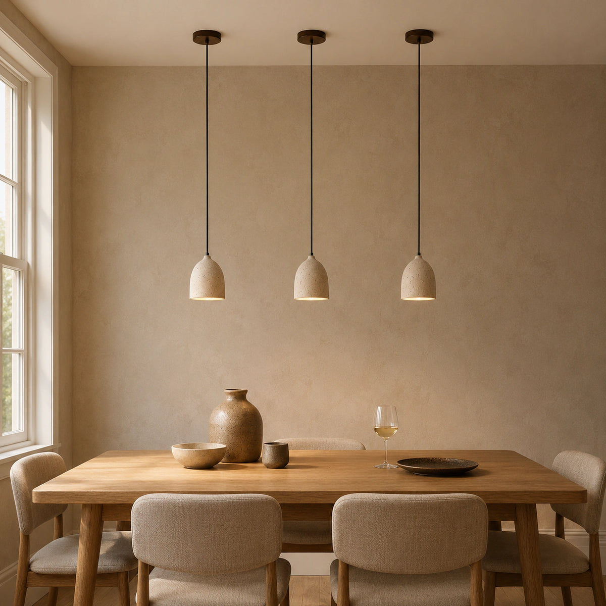 Windrush travertine bell pendant above a dining table in a minimalist dining room