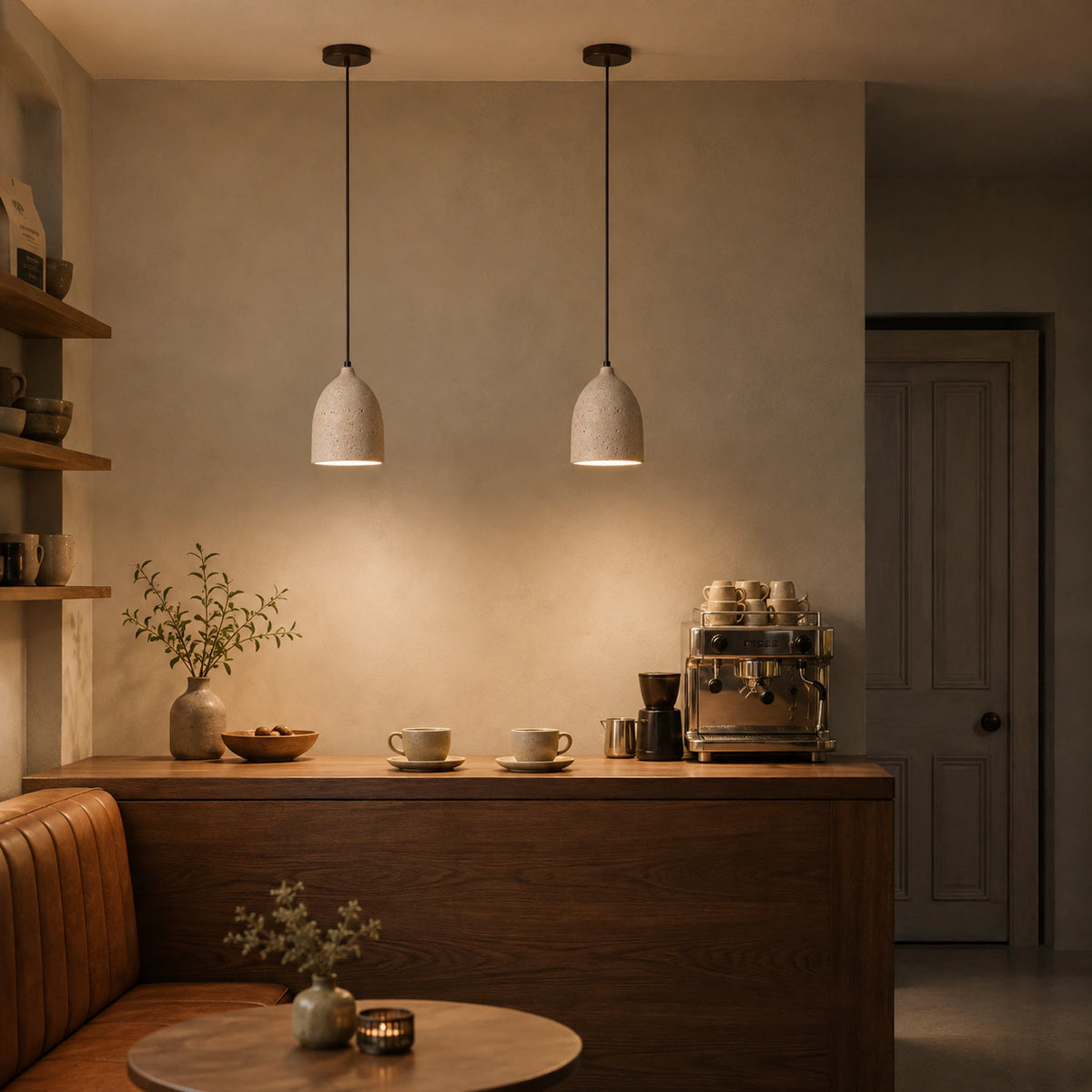 Windrush travertine bell pendant above the counter of a warm, minimalist cafe