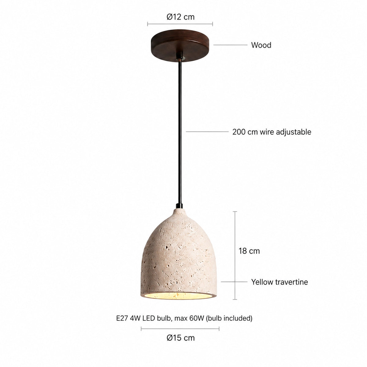 Dimensions of the Windrush travertine bell pendant: 15 cm wide, 18 cm deep, 200 cm cable