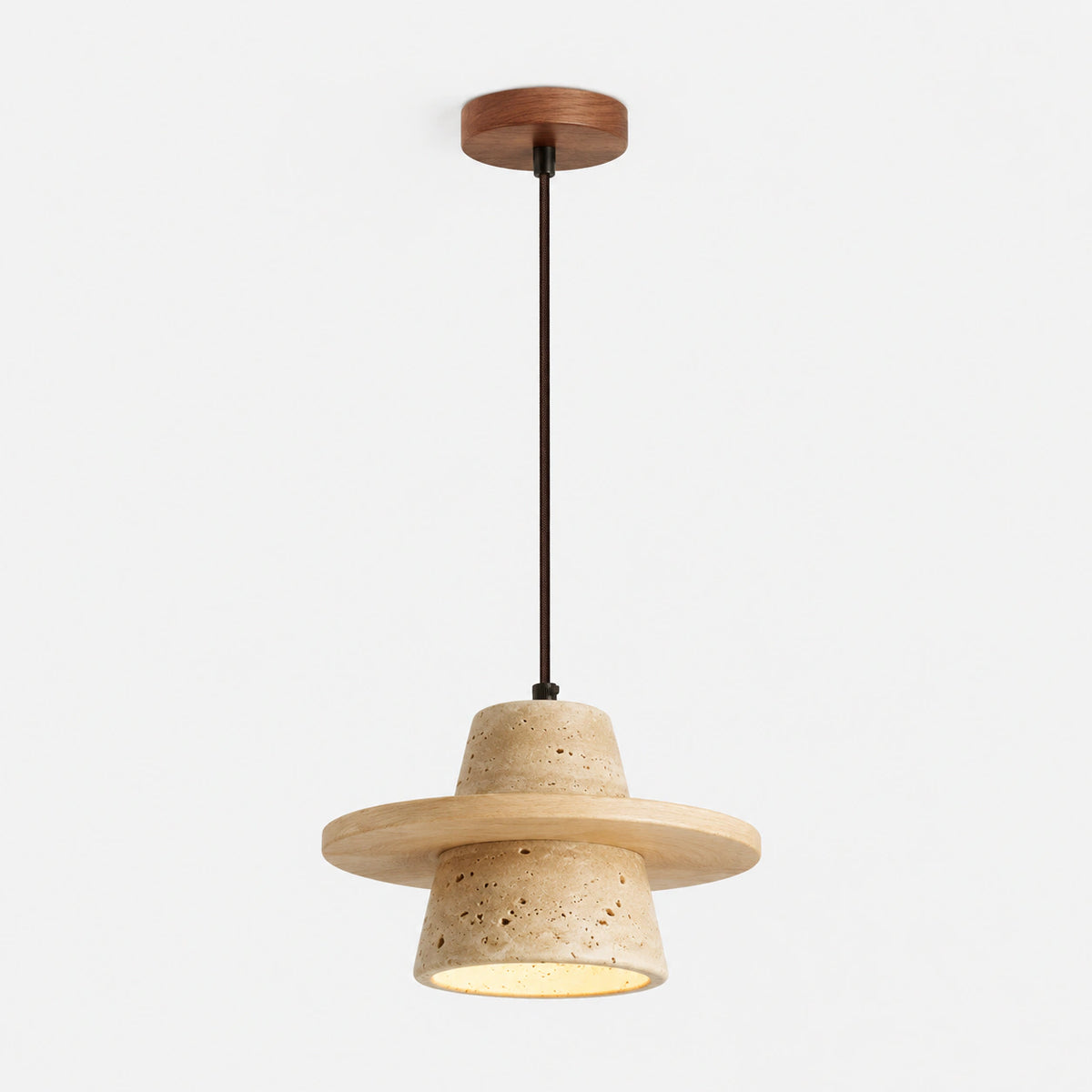 Travertine cone pendant with an oak brim on a white background