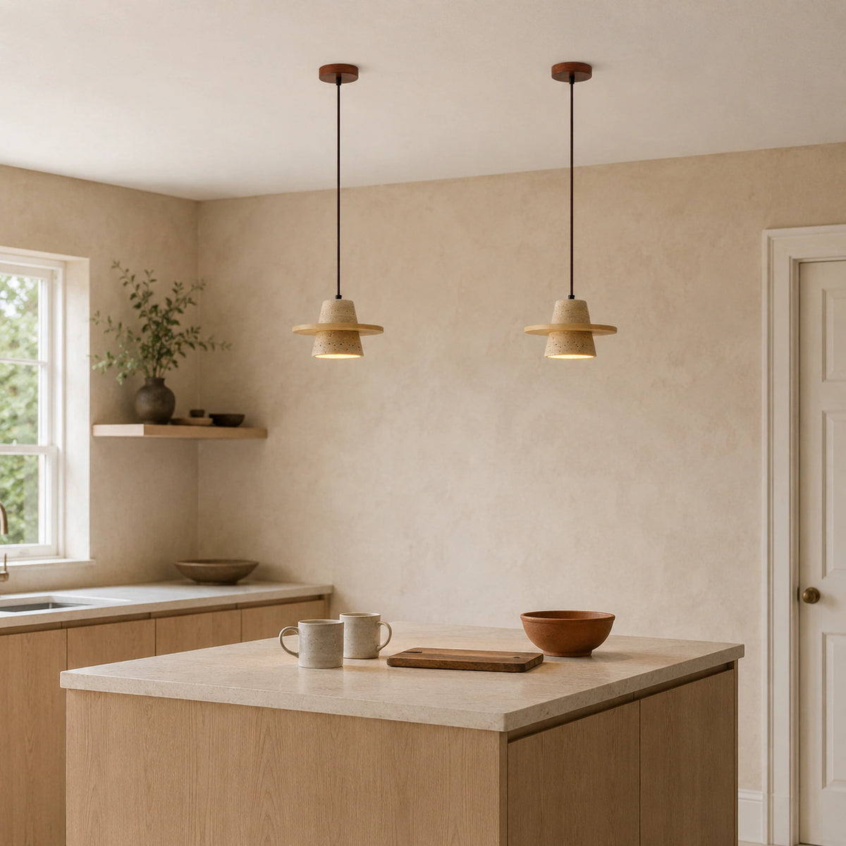 Travertine cone pendant with an oak brim in a warm oak kitchen
