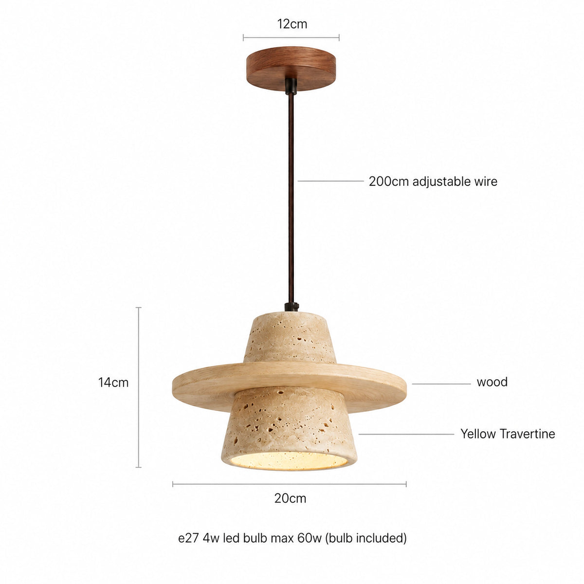 Measured dimensions of the travertine cone pendant, oak brim