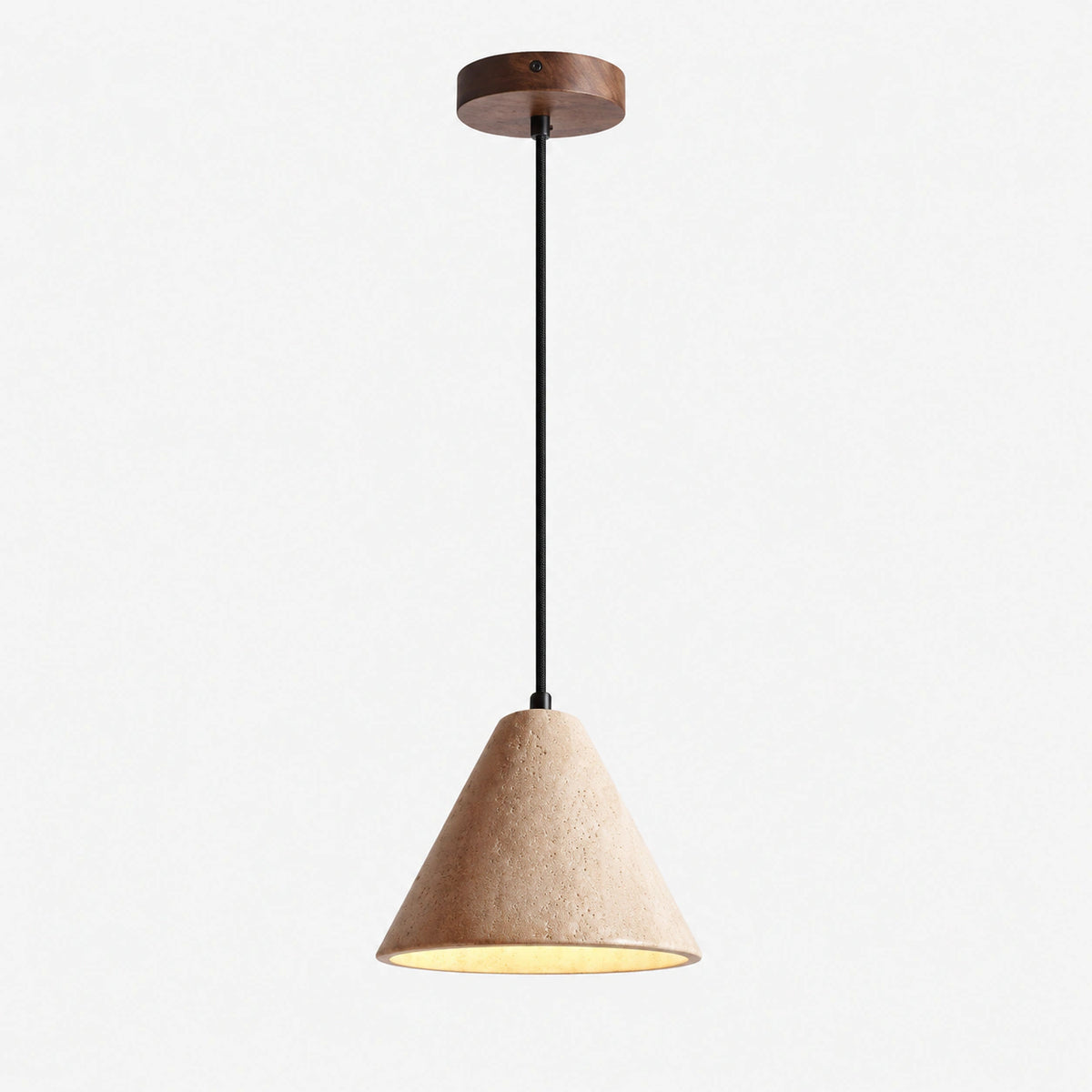 Beige travertine cone pendant light with a walnut ceiling plate on a white background