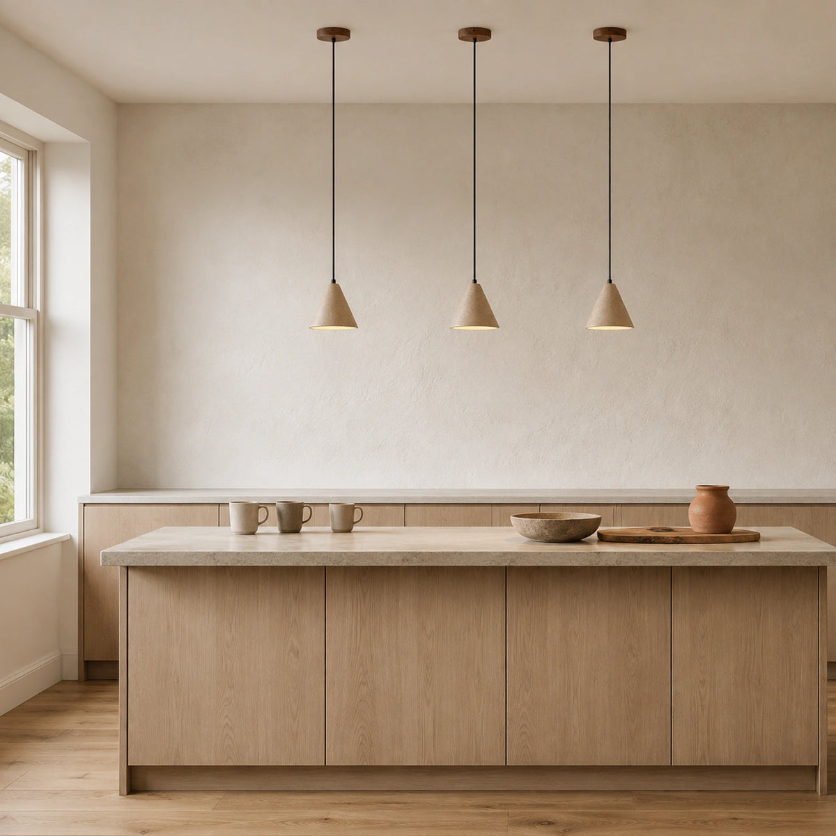 Skye cone pendant in beige travertine hanging above a kitchen island