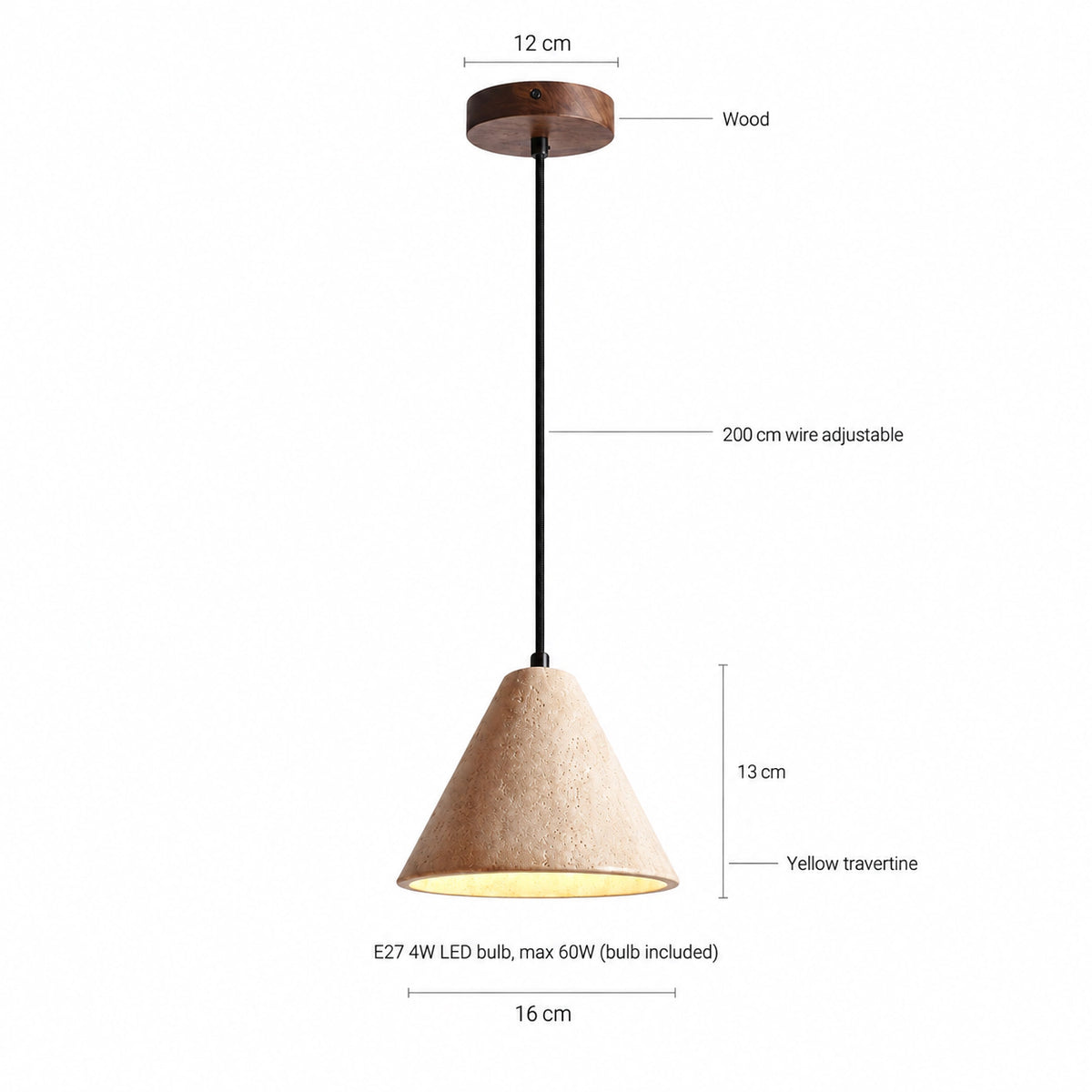 Dimensions of the Skye cone pendant in beige travertine: 16 cm wide, 13 cm deep, 200 cm cable