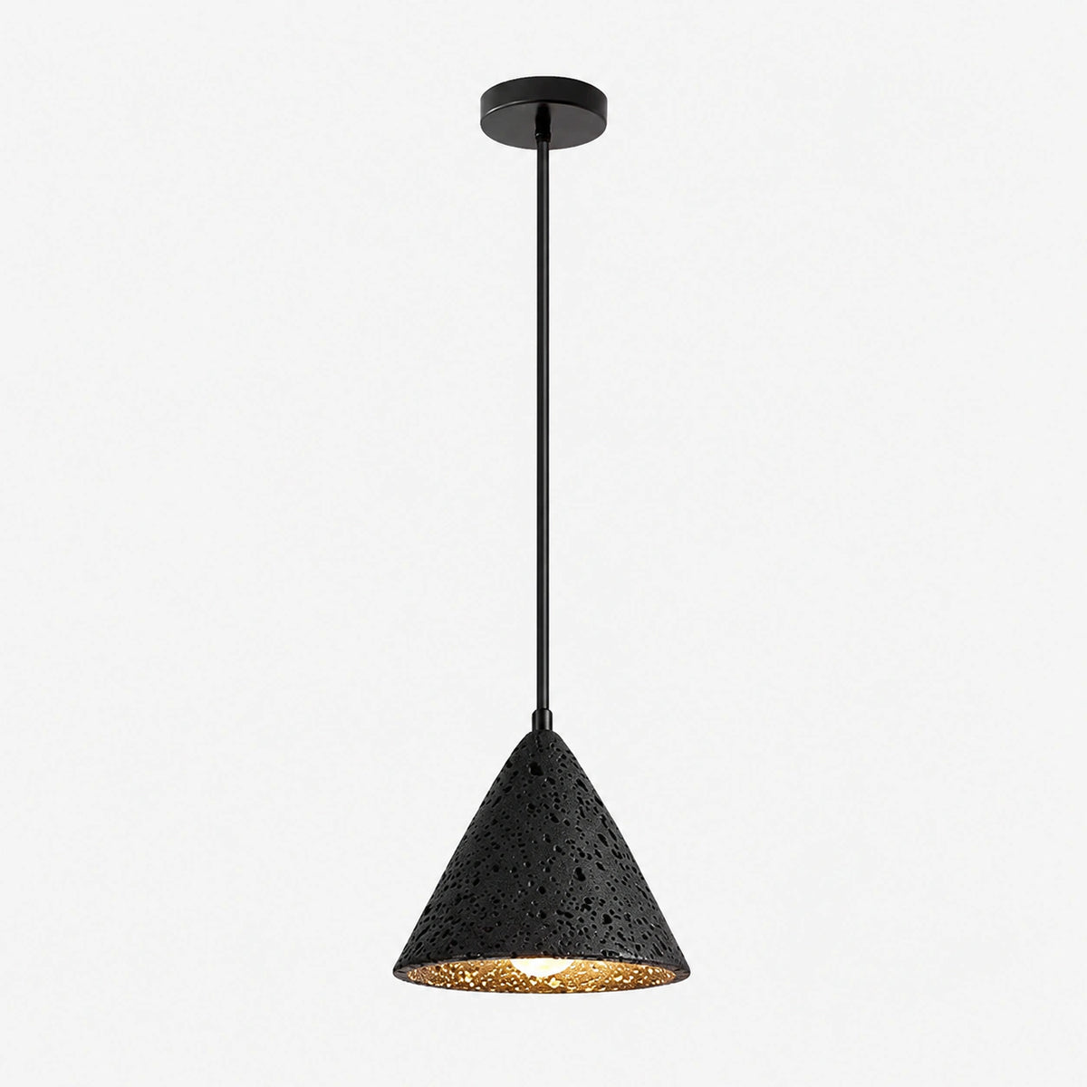 Black travertine cone pendant light with a black iron ceiling plate on a white background
