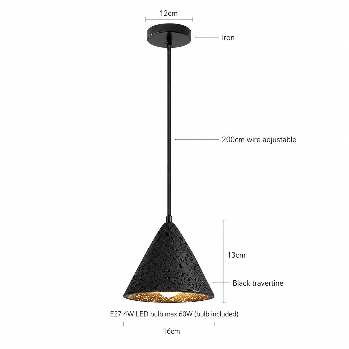 Dimensions of the Skye cone pendant in black travertine: 16 cm wide, 13 cm deep, 200 cm cable