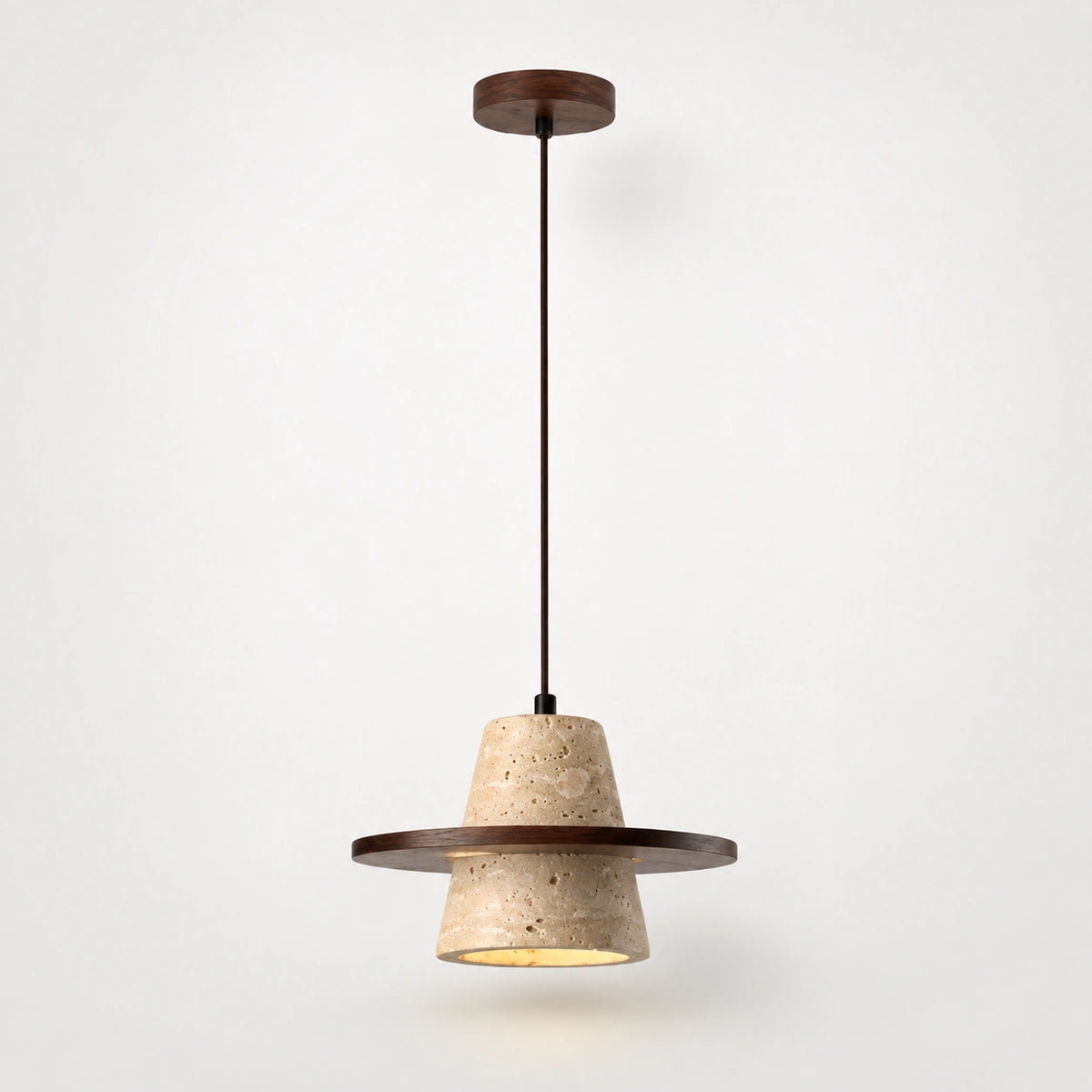 Travertine cone pendant with a walnut brim on a white background