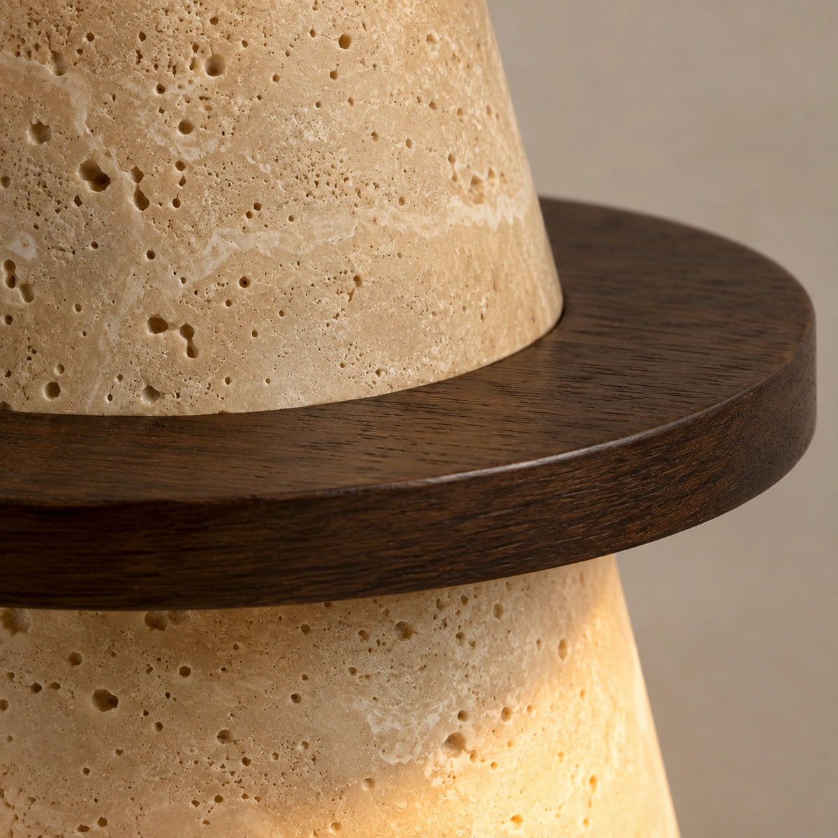 Close-up of the travertine grain on the cone pendant shade