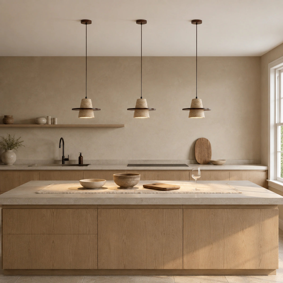 Travertine cone pendant with a walnut brim in a warm oak kitchen