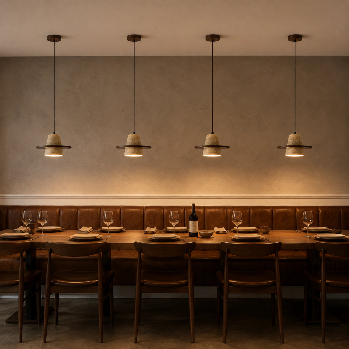 Travertine cone pendant above leather banquette seating in a restaurant