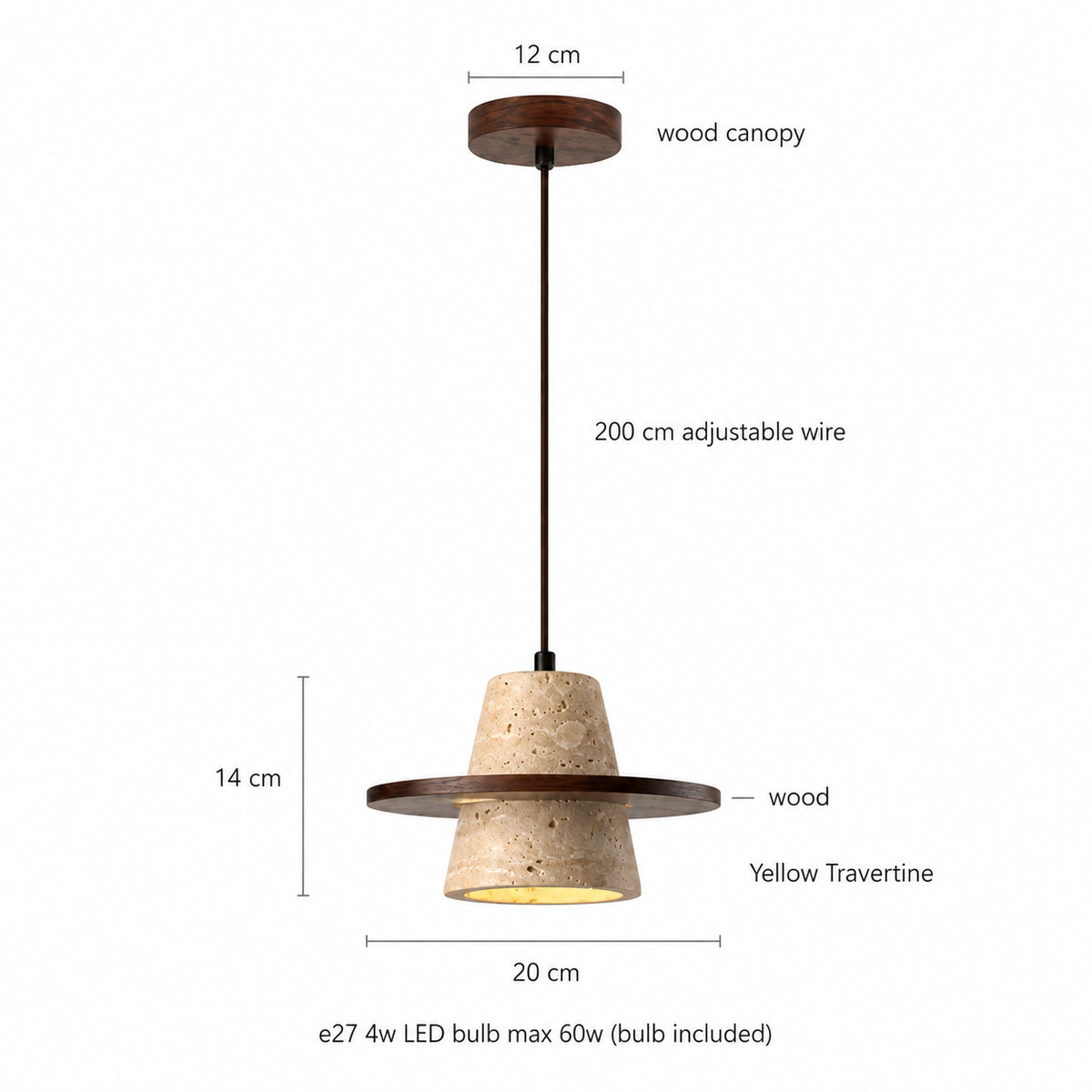 Measured dimensions of the travertine cone pendant, walnut brim