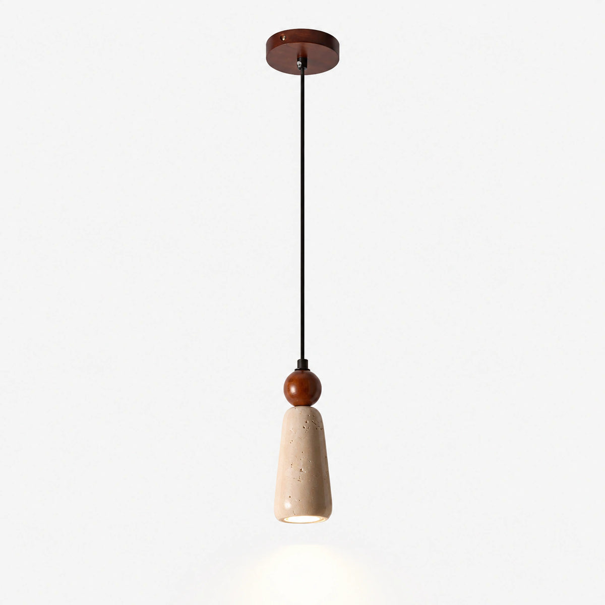 Cream travertine cone pendant light with a walnut bead on a white background