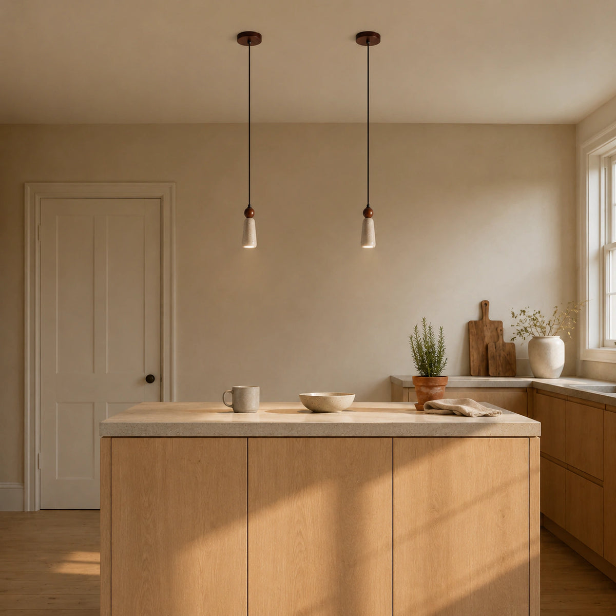 Tilney travertine cone pendant hanging above a kitchen island in a warm oak kitchen