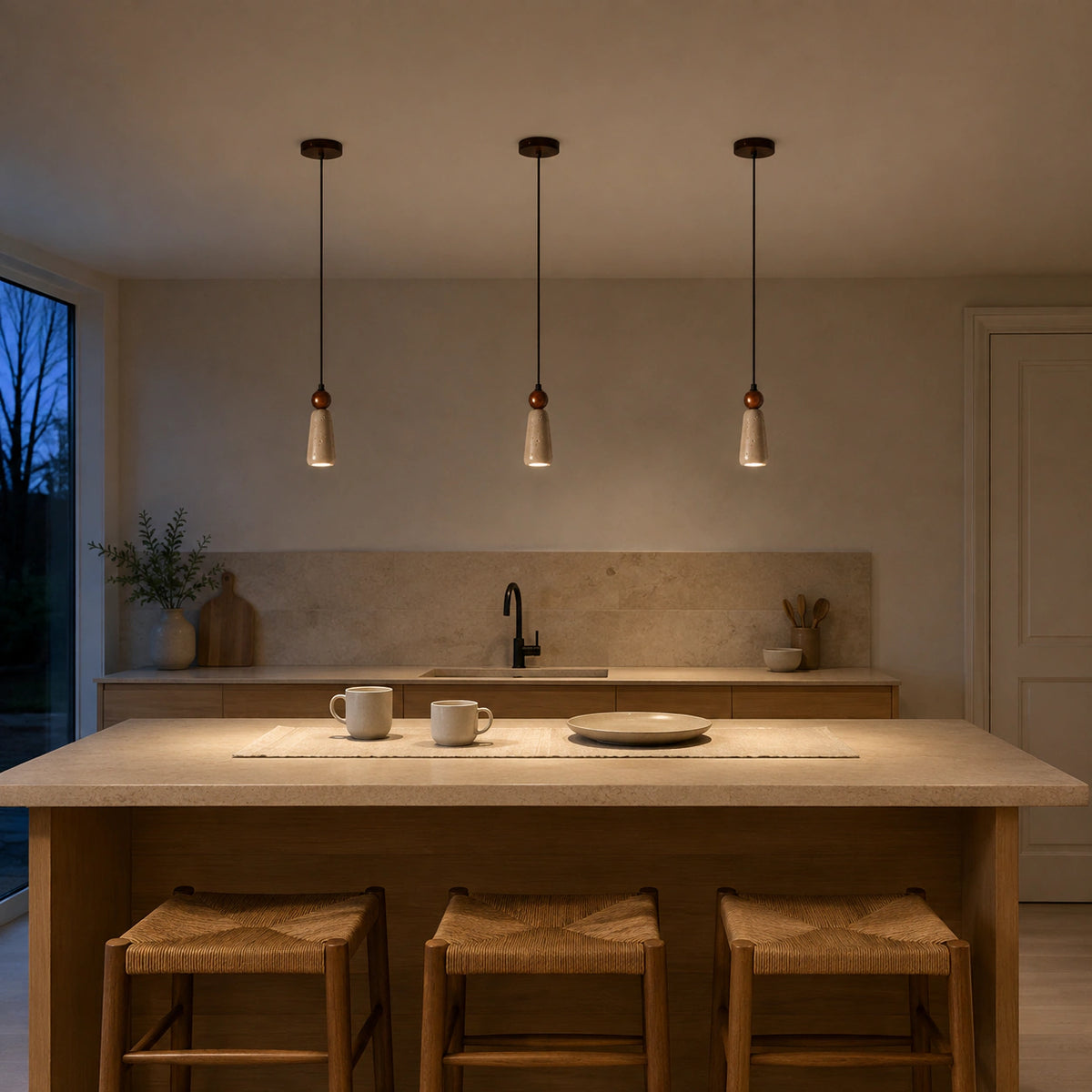 Tilney travertine cone pendant casting a narrow beam onto a kitchen worktop