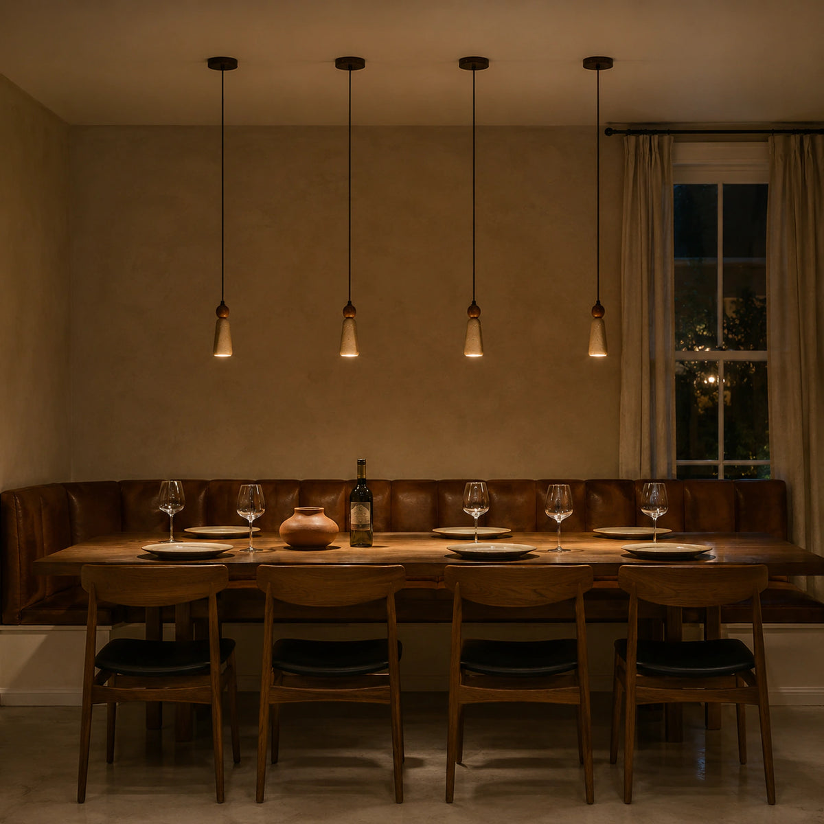 Tilney travertine cone pendant above a restaurant table with leather banquette seating