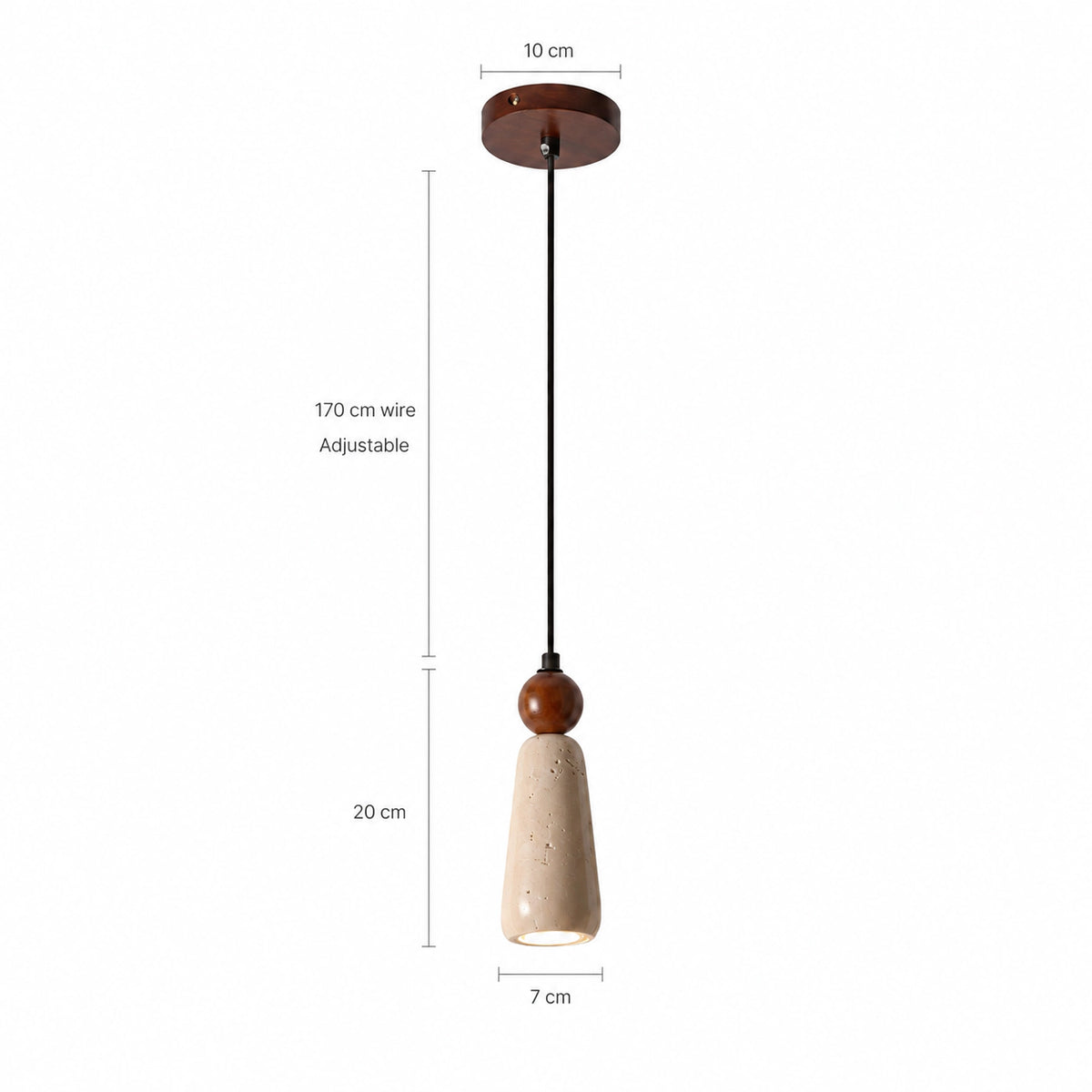 Dimensions of the Tilney travertine cone pendant: 7 cm wide, 20 cm high, 170 cm cable