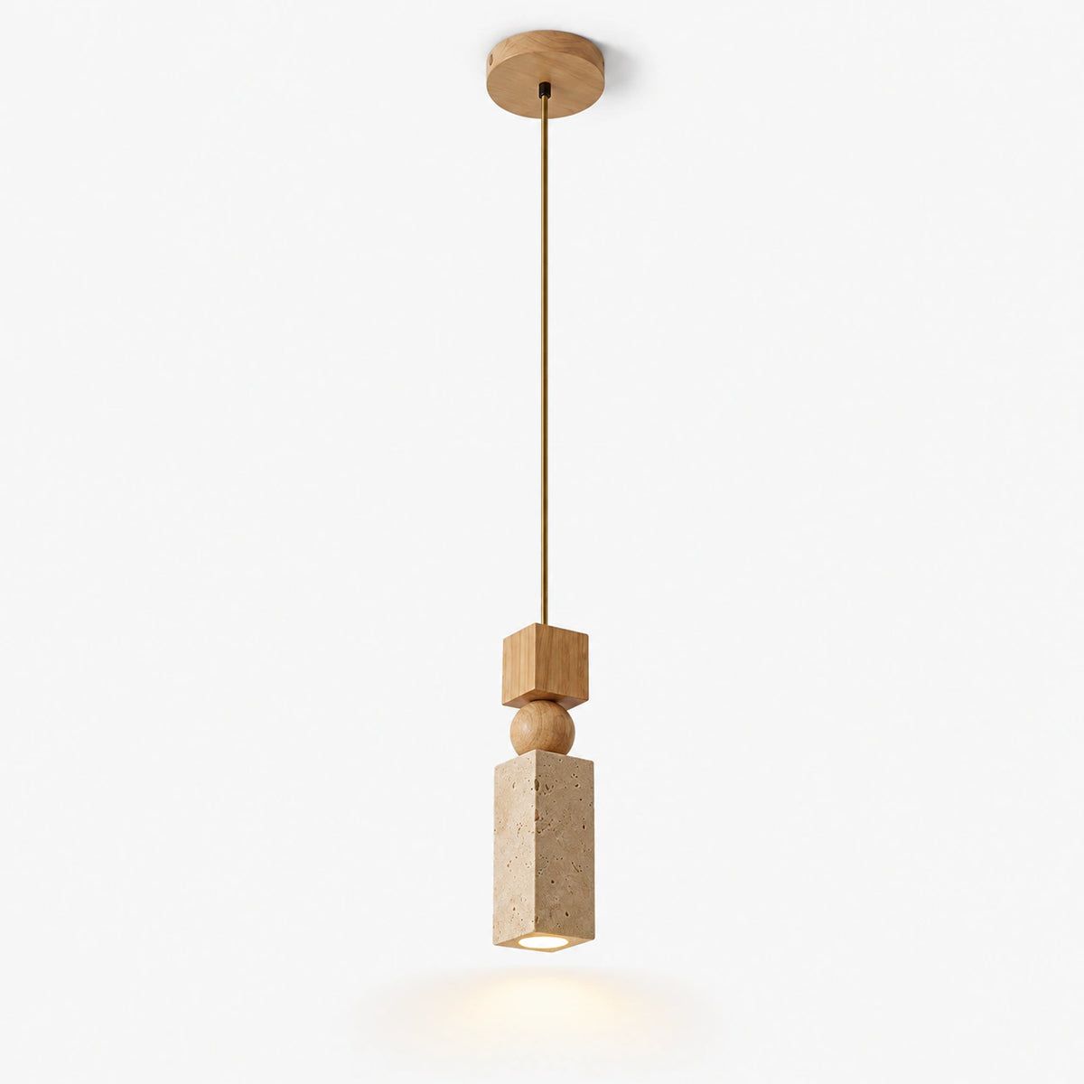 Beige travertine square column pendant light with oak beads on a white background