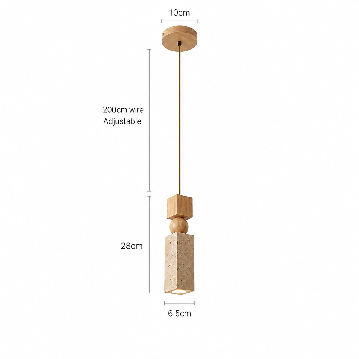 Dimensions of the Cranbrook square travertine pendant: 6.5 cm wide, 28 cm drop, 200 cm cable
