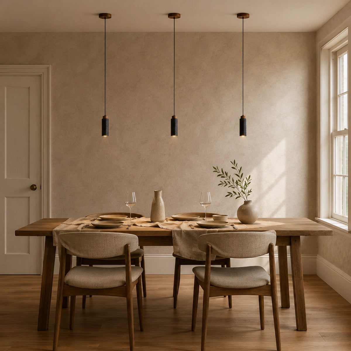 Otley pendant in black travertine above a dining table in a minimalist dining room