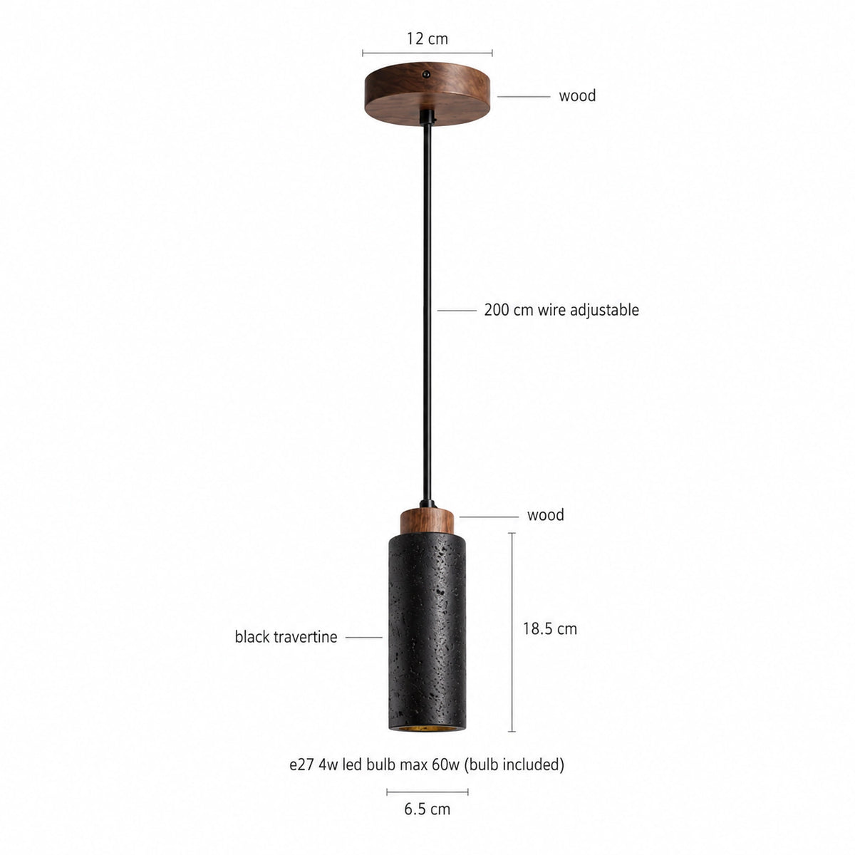 Dimensions of the Otley pendant in black travertine: 6.5 cm wide, 18.5 cm tall, 200 cm cable