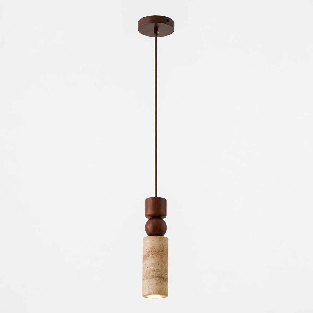 Cream travertine cylinder pendant light with walnut beads on a white background