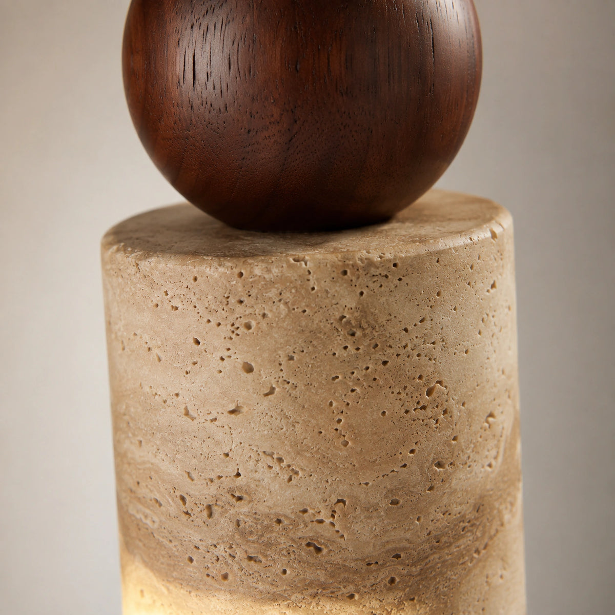 Close-up of the spiralling travertine grain on the Winster cylinder pendant