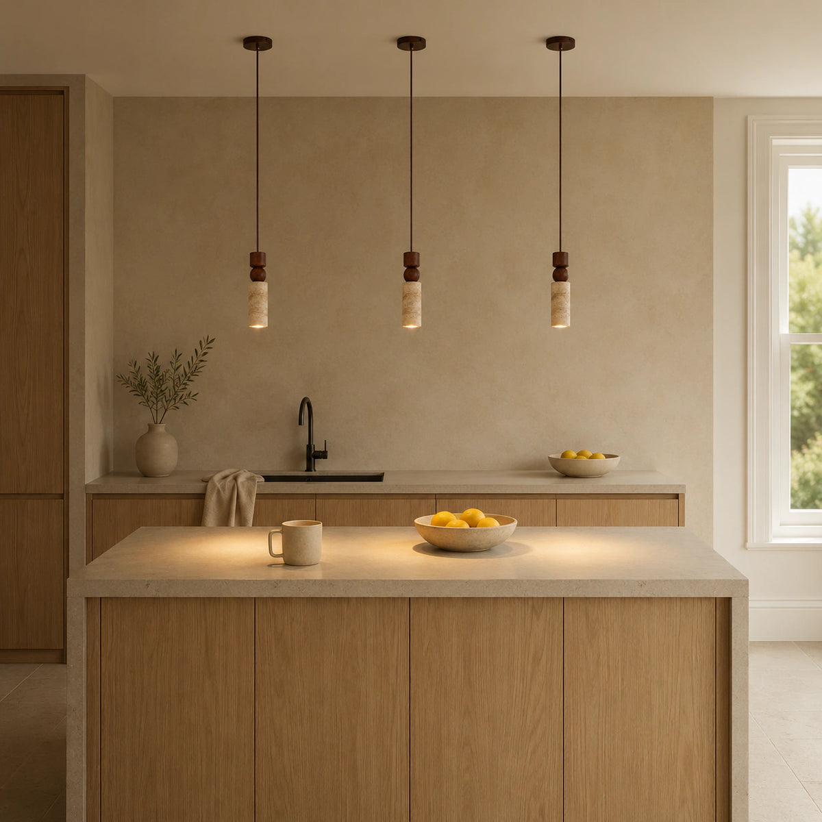 Winster travertine cylinder pendant hanging above a kitchen island in a warm oak kitchen