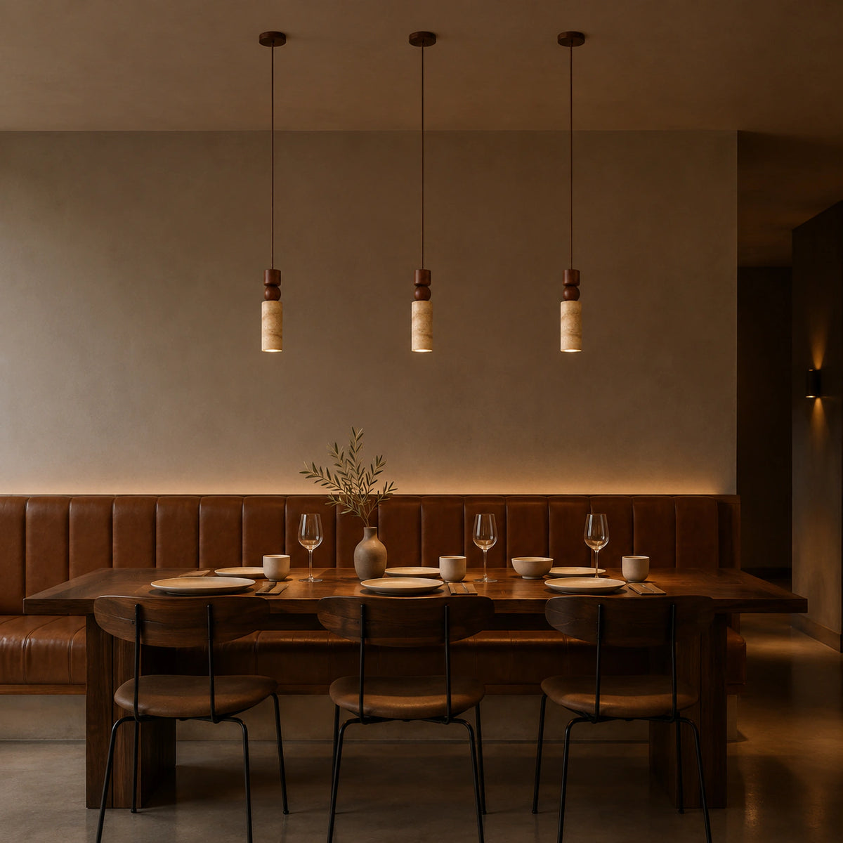 Winster travertine cylinder pendant above a restaurant table with leather banquette seating