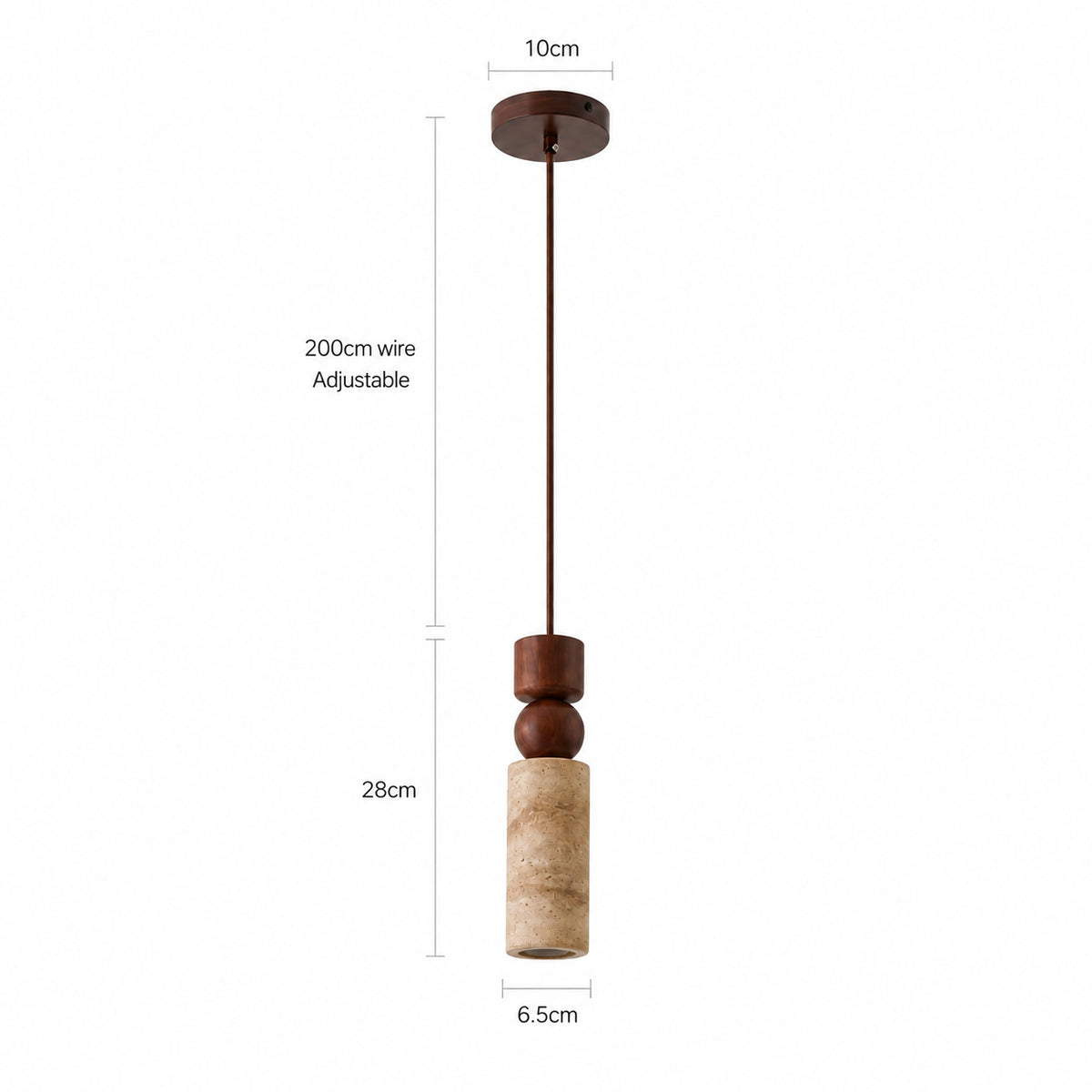 Dimensions of the Winster travertine cylinder pendant: 6.5 cm wide, 28 cm drop, 200 cm cable