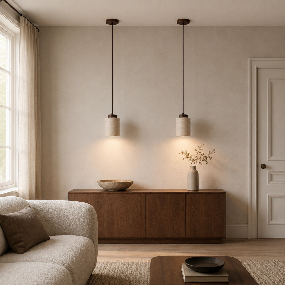 Fairlie travertine cylinder pendant in walnut in a calm living room with neutral furnishings