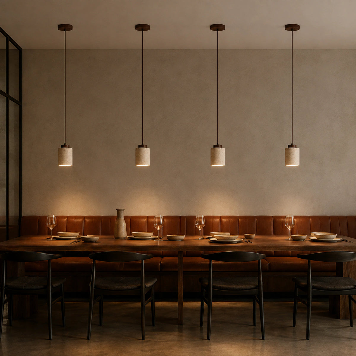 Fairlie travertine cylinder pendant in walnut above a restaurant table with banquette seating