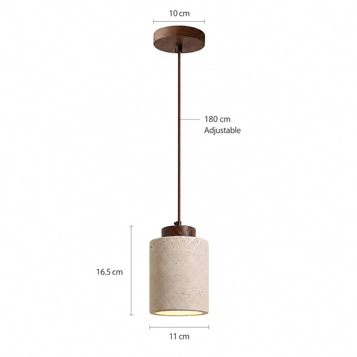 Dimensions of the Fairlie travertine cylinder pendant in walnut: 11 cm wide, 16.5 cm high, 180 cm cable