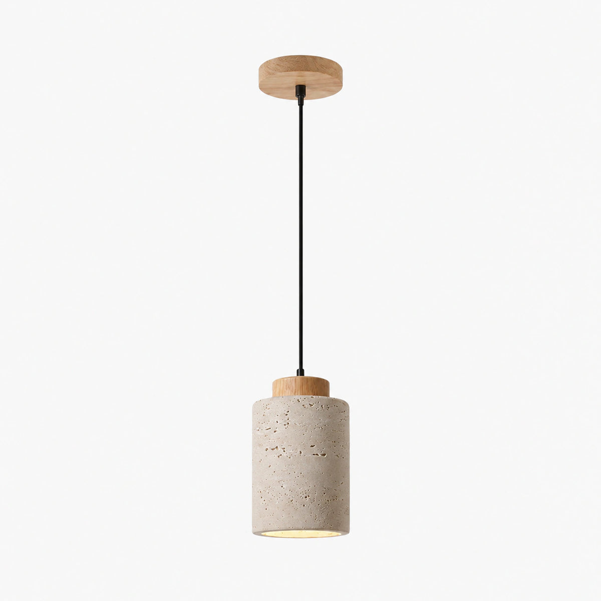 Travertine cylinder pendant light with an oak collar on a white background