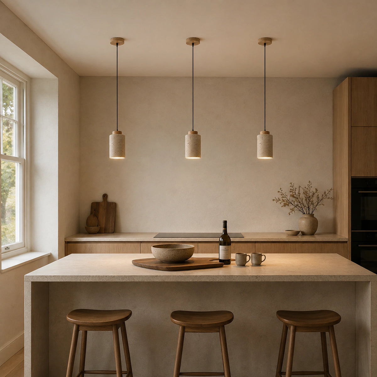 Fairlie travertine cylinder pendant in oak hanging above a kitchen island in a warm oak kitchen